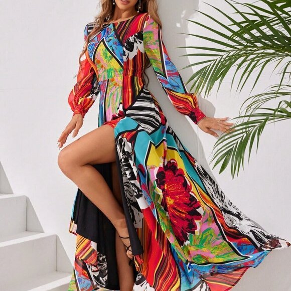 Multicolor Boho Women's Colorful Random Printed Round Neck Long Sleeve - Picture 6 of 6